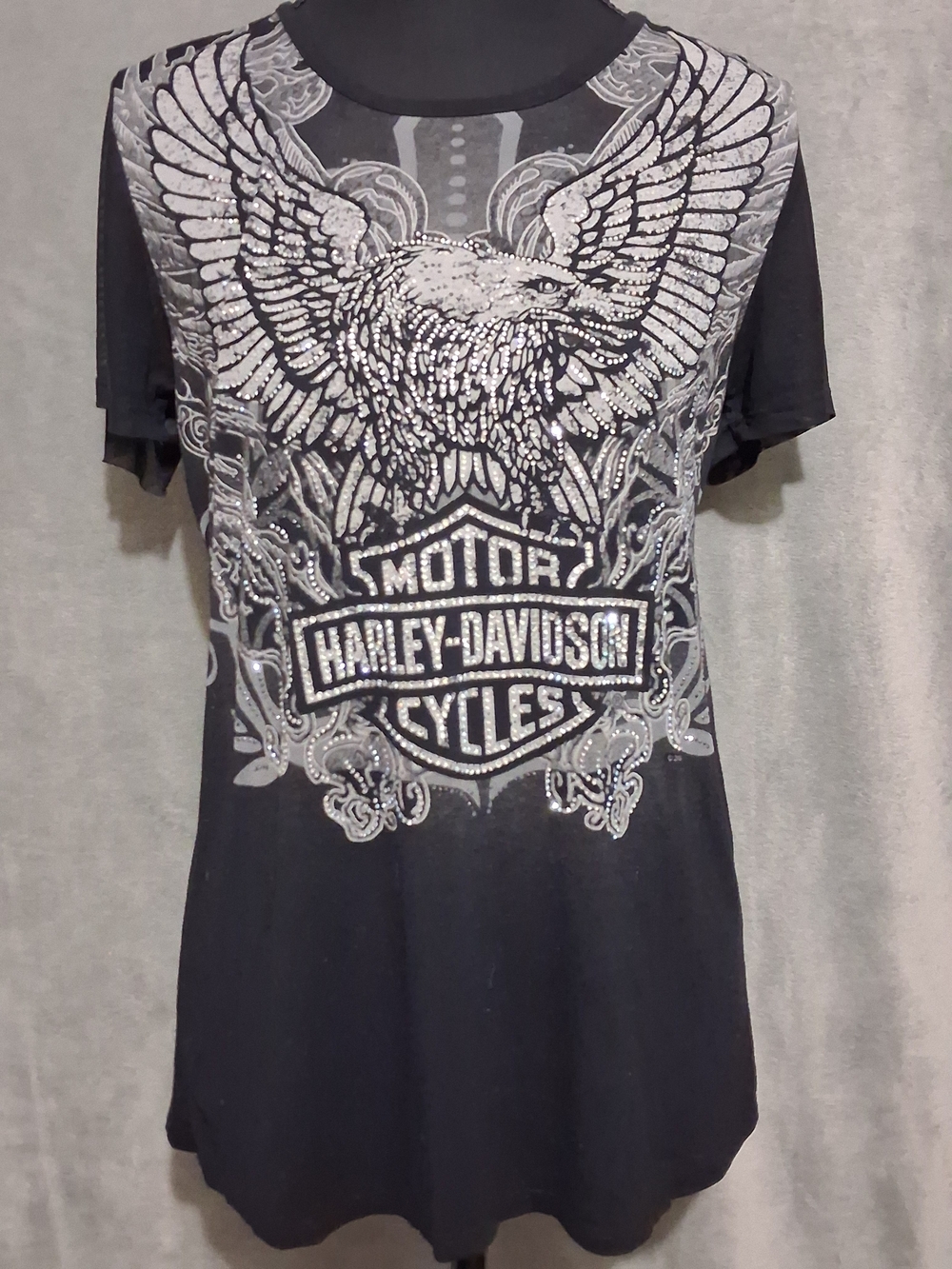 Harley-Davidson Womens M Black Tee with Silver Eagle Shield Lace Up Mesh Sleeve